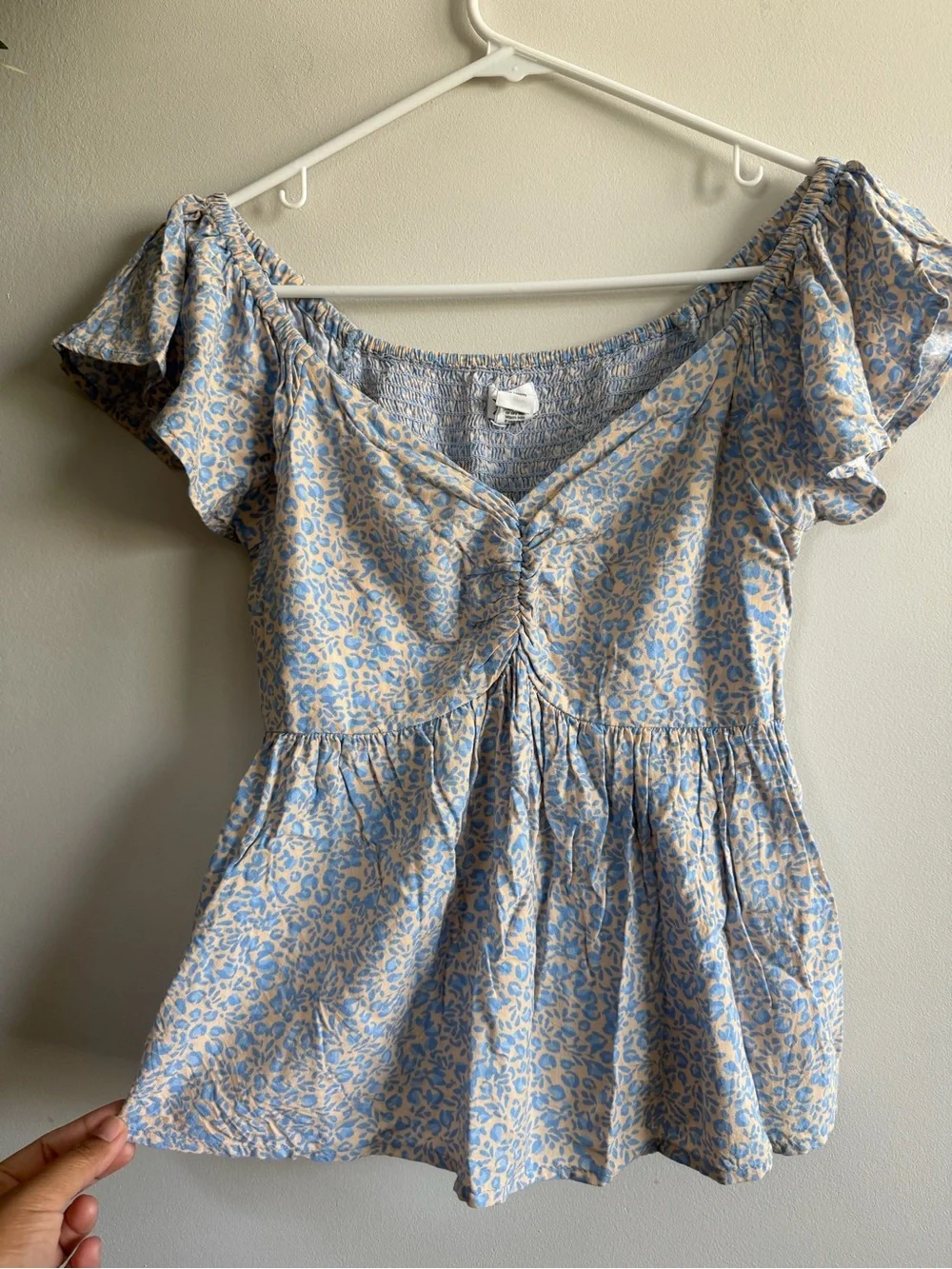 Blue Floral Off-Shoulder Ruching Peplum Blouse